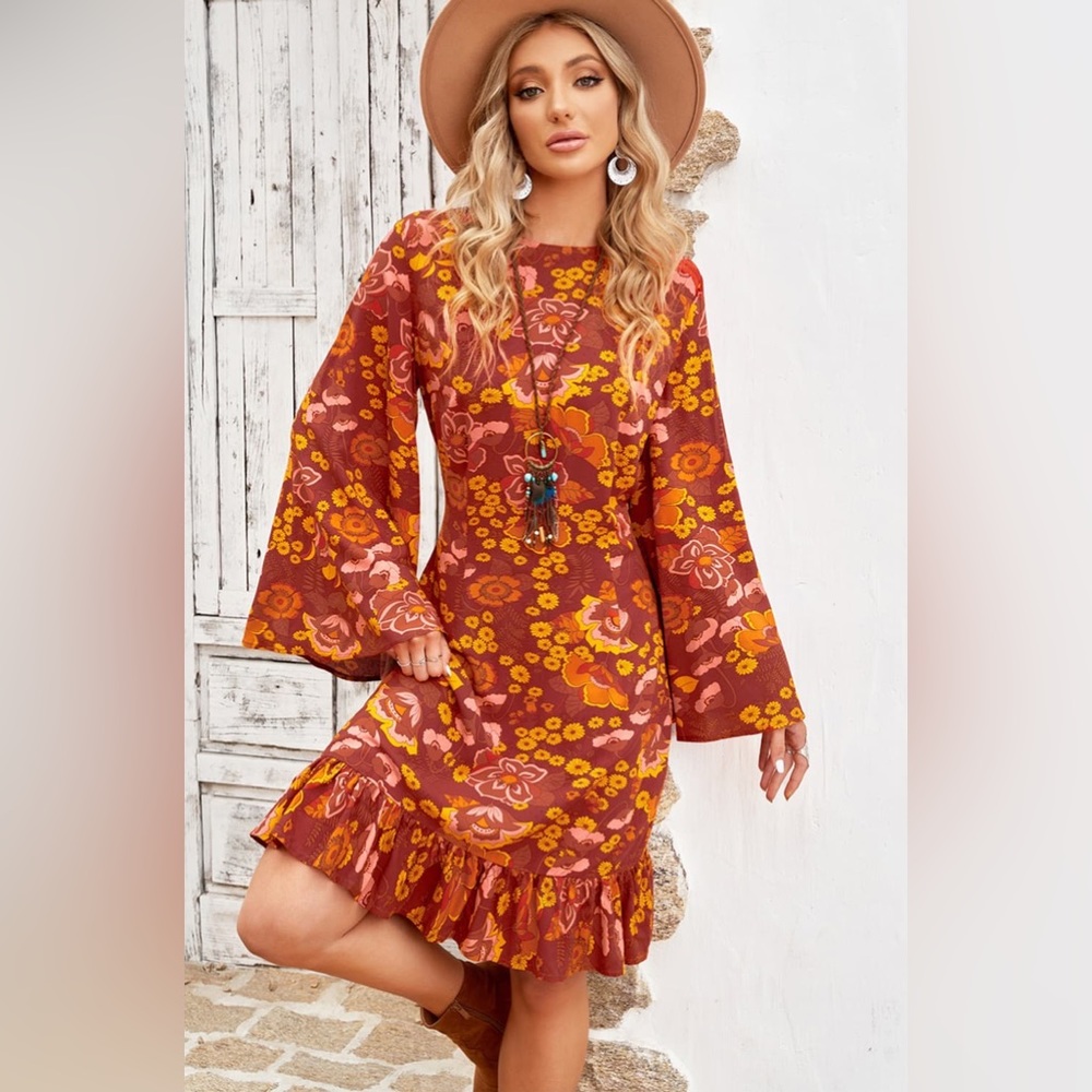 Red Orange Floral Round Neck Flare Sleeve Dress
